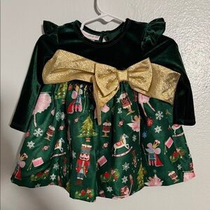 Bonnie Baby Dark Green Velvet Holiday Nutcracker Dress with Pink Accents